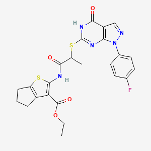 ethyl 2-(2-((1-(4-fluorophenyl)-4-oxo-4,5-dihydro-1H-pyrazolo[3,4-d]pyrimidin-6-yl)thio)propanamido)-5,6-dihydro-4H-cyclopenta[b]thiophene-3-carboxylate