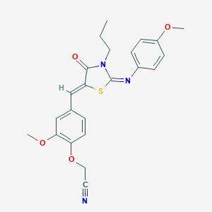 molecular formula C23H23N3O4S B298333 [2-Methoxy-4-({2-[(4-methoxyphenyl)imino]-4-oxo-3-propyl-1,3-thiazolidin-5-ylidene}methyl)phenoxy]acetonitrile 