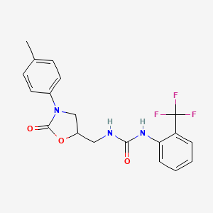 molecular formula C19H18F3N3O3 B2983346 1-((2-Oxo-3-(p-tolyl)oxazolidin-5-yl)methyl)-3-(2-(trifluoromethyl)phenyl)urea CAS No. 954608-03-8