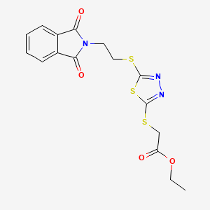 molecular formula C16H15N3O4S3 B2983354 ethyl 2-[(5-{[2-(1,3-dioxo-1,3-dihydro-2H-isoindol-2-yl)ethyl]sulfanyl}-1,3,4-thiadiazol-2-yl)sulfanyl]acetate CAS No. 477856-15-8