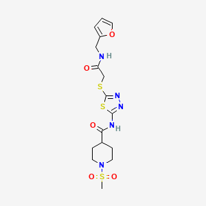 molecular formula C16H21N5O5S3 B2983375 N-(5-((2-((furan-2-ylmethyl)amino)-2-oxoethyl)thio)-1,3,4-thiadiazol-2-yl)-1-(methylsulfonyl)piperidine-4-carboxamide CAS No. 1351661-46-5