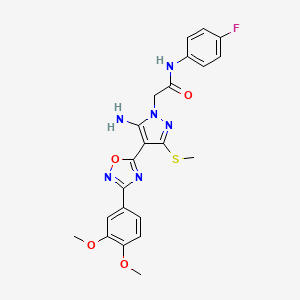 molecular formula C22H21FN6O4S B2983385 2-(5-amino-4-(3-(3,4-dimethoxyphenyl)-1,2,4-oxadiazol-5-yl)-3-(methylthio)-1H-pyrazol-1-yl)-N-(4-fluorophenyl)acetamide CAS No. 1019098-98-6