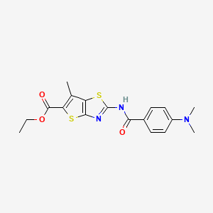 molecular formula C18H19N3O3S2 B2983418 Ethyl 2-(4-(dimethylamino)benzamido)-6-methylthieno[2,3-d]thiazole-5-carboxylate CAS No. 681162-70-9