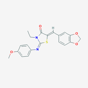 molecular formula C20H18N2O4S B298346 5-(1,3-Benzodioxol-5-ylmethylene)-3-ethyl-2-[(4-methoxyphenyl)imino]-1,3-thiazolidin-4-one 