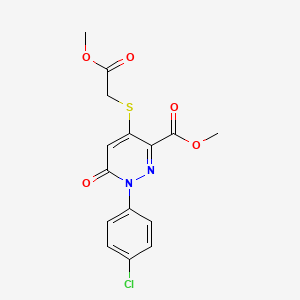 molecular formula C15H13ClN2O5S B2983521 Methyl 1-(4-chlorophenyl)-4-[(2-methoxy-2-oxoethyl)sulfanyl]-6-oxo-1,6-dihydro-3-pyridazinecarboxylate CAS No. 882747-38-8