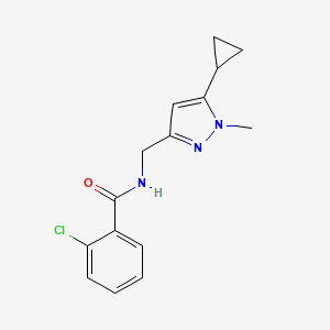 molecular formula C15H16ClN3O B2983587 2-chloro-N-((5-cyclopropyl-1-methyl-1H-pyrazol-3-yl)methyl)benzamide CAS No. 1448031-45-5