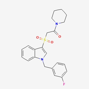 molecular formula C22H23FN2O3S B2983590 2-[1-[(3-Fluorophenyl)methyl]indol-3-yl]sulfonyl-1-piperidin-1-ylethanone CAS No. 686743-81-7