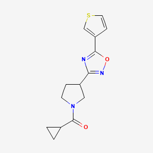 molecular formula C14H15N3O2S B2983638 Cyclopropyl(3-(5-(thiophen-3-yl)-1,2,4-oxadiazol-3-yl)pyrrolidin-1-yl)methanone CAS No. 2034413-79-9