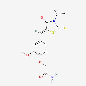 molecular formula C16H18N2O4S2 B2983640 (Z)-2-(4-((3-isopropyl-4-oxo-2-thioxothiazolidin-5-ylidene)methyl)-2-methoxyphenoxy)acetamide CAS No. 627039-30-9