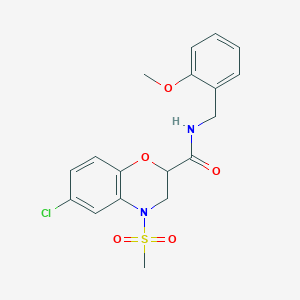 molecular formula C18H19ClN2O5S B2983649 6-chloro-N-(2-methoxybenzyl)-4-(methylsulfonyl)-3,4-dihydro-2H-1,4-benzoxazine-2-carboxamide CAS No. 866142-56-5