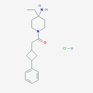 molecular formula C19H29ClN2O B2983659 1-(4-氨基-4-乙基哌啶-1-基)-2-(3-苯基环丁基)乙酮；盐酸盐 CAS No. 2418679-77-1