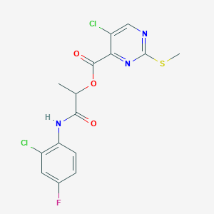 molecular formula C15H12Cl2FN3O3S B2983663 1-[(2-Chloro-4-fluorophenyl)carbamoyl]ethyl 5-chloro-2-(methylsulfanyl)pyrimidine-4-carboxylate CAS No. 1110815-13-8
