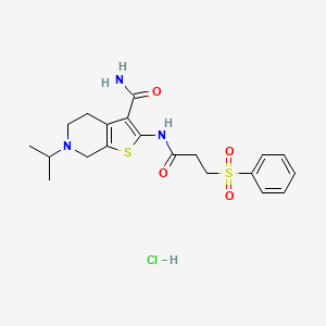 molecular formula C20H26ClN3O4S2 B2983685 6-Isopropyl-2-(3-(phenylsulfonyl)propanamido)-4,5,6,7-tetrahydrothieno[2,3-c]pyridine-3-carboxamide hydrochloride CAS No. 1177796-14-3