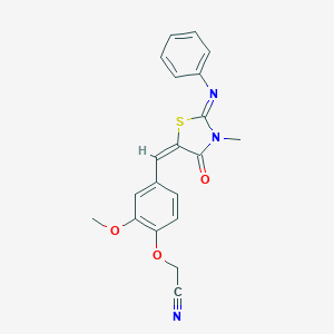 molecular formula C20H17N3O3S B298369 (2-Methoxy-4-{[3-methyl-4-oxo-2-(phenylimino)-1,3-thiazolidin-5-ylidene]methyl}phenoxy)acetonitrile 