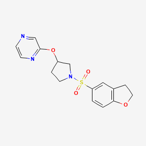 molecular formula C16H17N3O4S B2983701 2-((1-((2,3-Dihydrobenzofuran-5-yl)sulfonyl)pyrrolidin-3-yl)oxy)pyrazine CAS No. 2034583-68-9