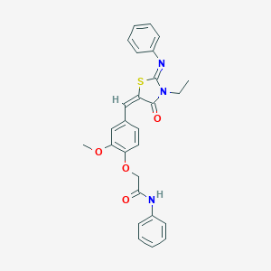 molecular formula C27H25N3O4S B298372 2-(4-{[3-ethyl-4-oxo-2-(phenylimino)-1,3-thiazolidin-5-ylidene]methyl}-2-methoxyphenoxy)-N-phenylacetamide 