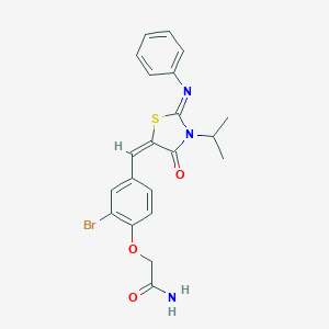 molecular formula C21H20BrN3O3S B298375 2-(2-Bromo-4-{[3-isopropyl-4-oxo-2-(phenylimino)-1,3-thiazolidin-5-ylidene]methyl}phenoxy)acetamide 