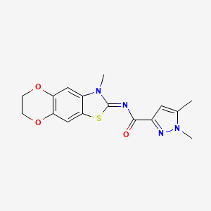 molecular formula C16H16N4O3S B2983756 1,5-dimethyl-N-(3-methyl-6,7-dihydro-[1,4]dioxino[2',3':4,5]benzo[1,2-d]thiazol-2(3H)-ylidene)-1H-pyrazole-3-carboxamide CAS No. 1020053-24-0