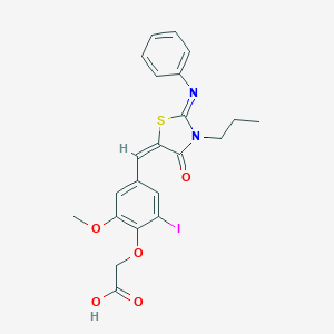 molecular formula C22H21IN2O5S B298376 (2-Iodo-6-methoxy-4-{[4-oxo-2-(phenylimino)-3-propyl-1,3-thiazolidin-5-ylidene]methyl}phenoxy)acetic acid 