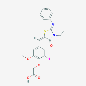 molecular formula C21H19IN2O5S B298377 (4-{[3-Ethyl-4-oxo-2-(phenylimino)-1,3-thiazolidin-5-ylidene]methyl}-2-iodo-6-methoxyphenoxy)acetic acid 