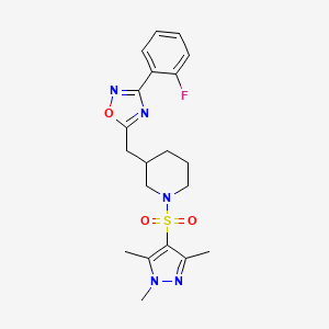 molecular formula C20H24FN5O3S B2983771 3-(2-氟苯基)-5-((1-((1,3,5-三甲基-1H-吡唑-4-基)磺酰基)哌啶-3-基)甲基)-1,2,4-恶二唑 CAS No. 1705243-53-3