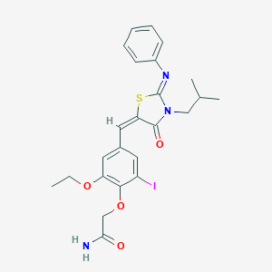 molecular formula C24H26IN3O4S B298378 2-(2-Ethoxy-6-iodo-4-{[3-isobutyl-4-oxo-2-(phenylimino)-1,3-thiazolidin-5-ylidene]methyl}phenoxy)acetamide 