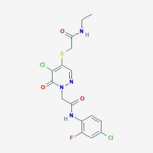 molecular formula C16H15Cl2FN4O3S B2983785 2-((5-氯-1-(2-((4-氯-2-氟苯基)氨基)-2-氧代乙基)-6-氧代-1,6-二氢哒嗪-4-基)硫代)-N-乙基乙酰胺 CAS No. 1251684-12-4