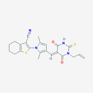 molecular formula C23H22N4O2S2 B298384 2-(3-{(E)-[4,6-dioxo-1-(prop-2-en-1-yl)-2-thioxotetrahydropyrimidin-5(2H)-ylidene]methyl}-2,5-dimethyl-1H-pyrrol-1-yl)-4,5,6,7-tetrahydro-1-benzothiophene-3-carbonitrile 
