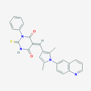 molecular formula C26H20N4O2S B298385 (5E)-5-{[2,5-dimethyl-1-(quinolin-6-yl)-1H-pyrrol-3-yl]methylidene}-1-phenyl-2-thioxodihydropyrimidine-4,6(1H,5H)-dione 