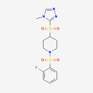 molecular formula C14H17FN4O4S2 B2983877 1-((2-fluorophenyl)sulfonyl)-4-((4-methyl-4H-1,2,4-triazol-3-yl)sulfonyl)piperidine CAS No. 1448054-55-4
