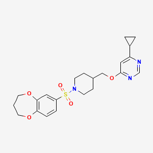 molecular formula C22H27N3O5S B2983920 4-环丙基-6-((1-((3,4-二氢-2H-苯并[b][1,4]二氧杂环庚-7-基)磺酰基)哌啶-4-基)甲氧基)嘧啶 CAS No. 2309776-69-8