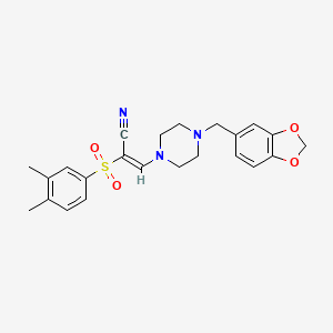 (2E)-3-[4-(1,3-benzodioxol-5-ylmethyl)piperazin-1-yl]-2-[(3,4-dimethylphenyl)sulfonyl]prop-2-enenitrile