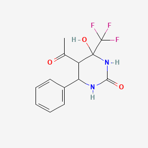 molecular formula C13H13F3N2O3 B2983952 5-acetyl-4-hydroxy-6-phenyl-4-(trifluoromethyl)tetrahydropyrimidin-2(1H)-one CAS No. 853783-14-9