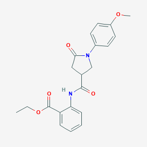 molecular formula C21H22N2O5 B298400 Ethyl 2-({[1-(4-methoxyphenyl)-5-oxopyrrolidin-3-yl]carbonyl}amino)benzoate 
