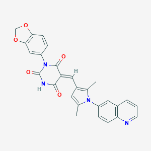 molecular formula C27H20N4O5 B298404 1-(1,3-benzodioxol-5-yl)-5-{[2,5-dimethyl-1-(6-quinolinyl)-1H-pyrrol-3-yl]methylene}-2,4,6(1H,3H,5H)-pyrimidinetrione 