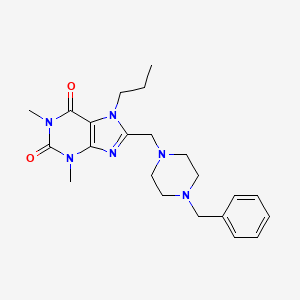 molecular formula C22H30N6O2 B2984077 8-[(4-benzylpiperazin-1-yl)methyl]-1,3-dimethyl-7-propyl-3,7-dihydro-1H-purine-2,6-dione CAS No. 797028-24-1