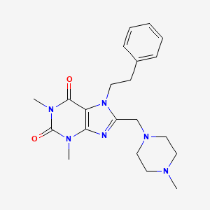 molecular formula C21H28N6O2 B2984106 1,3-dimethyl-8-[(4-methyl-1-piperazinyl)methyl]-7-(2-phenylethyl)-3,7-dihydro-1H-purine-2,6-dione CAS No. 577996-56-6