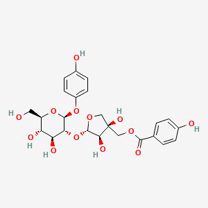 molecular formula C24H28O13 B2984155 [(3S,4R,5S)-5-[(2S,3R,4S,5S,6R)-4,5-dihydroxy-6-(hydroxymethyl)-2-(4-hydroxyphenoxy)oxan-3-yl]oxy-3,4-dihydroxyoxolan-3-yl]methyl 4-hydroxybenzoate CAS No. 220778-23-4