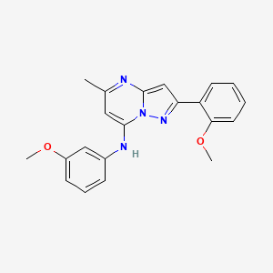 molecular formula C21H20N4O2 B2984229 2-(2-methoxyphenyl)-N-(3-methoxyphenyl)-5-methylpyrazolo[1,5-a]pyrimidin-7-amine CAS No. 933251-28-6