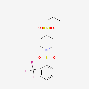 molecular formula C16H22F3NO4S2 B2984238 4-(Isobutylsulfonyl)-1-((2-(trifluoromethyl)phenyl)sulfonyl)piperidine CAS No. 1797341-72-0