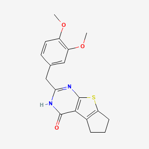 molecular formula C18H18N2O3S B2984240 10-[(3,4-Dimethoxyphenyl)methyl]-7-thia-9,11-diazatricyclo[6.4.0.0,2,6]dodeca-1(8),2(6),9-trien-12-one CAS No. 731797-75-4