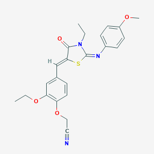 molecular formula C23H23N3O4S B298425 {2-ethoxy-4-[(Z)-{(2Z)-3-ethyl-2-[(4-methoxyphenyl)imino]-4-oxo-1,3-thiazolidin-5-ylidene}methyl]phenoxy}acetonitrile 