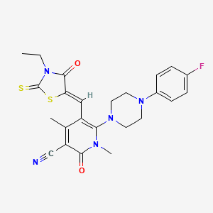 molecular formula C24H24FN5O2S2 B2984261 (Z)-5-((3-ethyl-4-oxo-2-thioxothiazolidin-5-ylidene)methyl)-6-(4-(4-fluorophenyl)piperazin-1-yl)-1,4-dimethyl-2-oxo-1,2-dihydropyridine-3-carbonitrile CAS No. 628288-85-7
