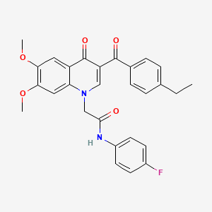 molecular formula C28H25FN2O5 B2984290 2-[3-(4-ETHYLBENZOYL)-6,7-DIMETHOXY-4-OXO-1,4-DIHYDROQUINOLIN-1-YL]-N-(4-FLUOROPHENYL)ACETAMIDE CAS No. 866590-47-8