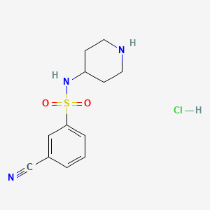molecular formula C12H16ClN3O2S B2984343 3-Cyano-N-piperidin-4-yl-benzenesulfonamide hydrochloride CAS No. 1286274-75-6