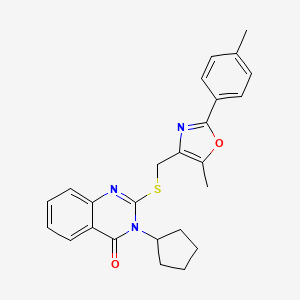 molecular formula C25H25N3O2S B2984353 3-cyclopentyl-2-(((5-methyl-2-(p-tolyl)oxazol-4-yl)methyl)thio)quinazolin-4(3H)-one CAS No. 1114828-06-6