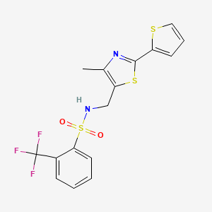 molecular formula C16H13F3N2O2S3 B2984358 N-((4-methyl-2-(thiophen-2-yl)thiazol-5-yl)methyl)-2-(trifluoromethyl)benzenesulfonamide CAS No. 1421530-33-7