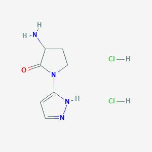 molecular formula C7H12Cl2N4O B2984360 3-氨基-1-(1H-吡唑-5-基)吡咯烷-2-酮；二盐酸盐 CAS No. 2411193-27-4