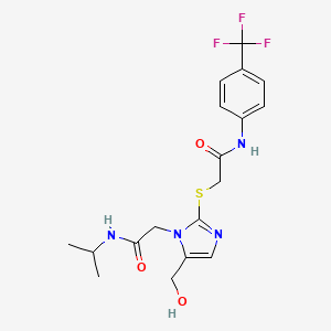 molecular formula C18H21F3N4O3S B2984375 2-((5-(羟甲基)-1-(2-(异丙氨基)-2-氧代乙基)-1H-咪唑-2-基)硫代)-N-(4-(三氟甲基)苯基)乙酰胺 CAS No. 921566-46-3