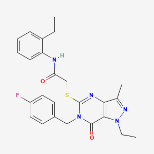 molecular formula C25H26FN5O2S B2984405 2-((1-乙基-6-(4-氟苄基)-3-甲基-7-氧代-6,7-二氢-1H-吡唑并[4,3-d]嘧啶-5-基)硫代)-N-(2-乙基苯基)乙酰胺 CAS No. 1358765-97-5